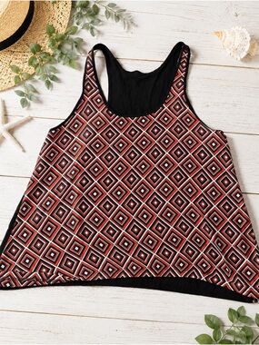 Women’s Geometric Print Racerback Sleeveless Tank Top Black Red Casual Blouse